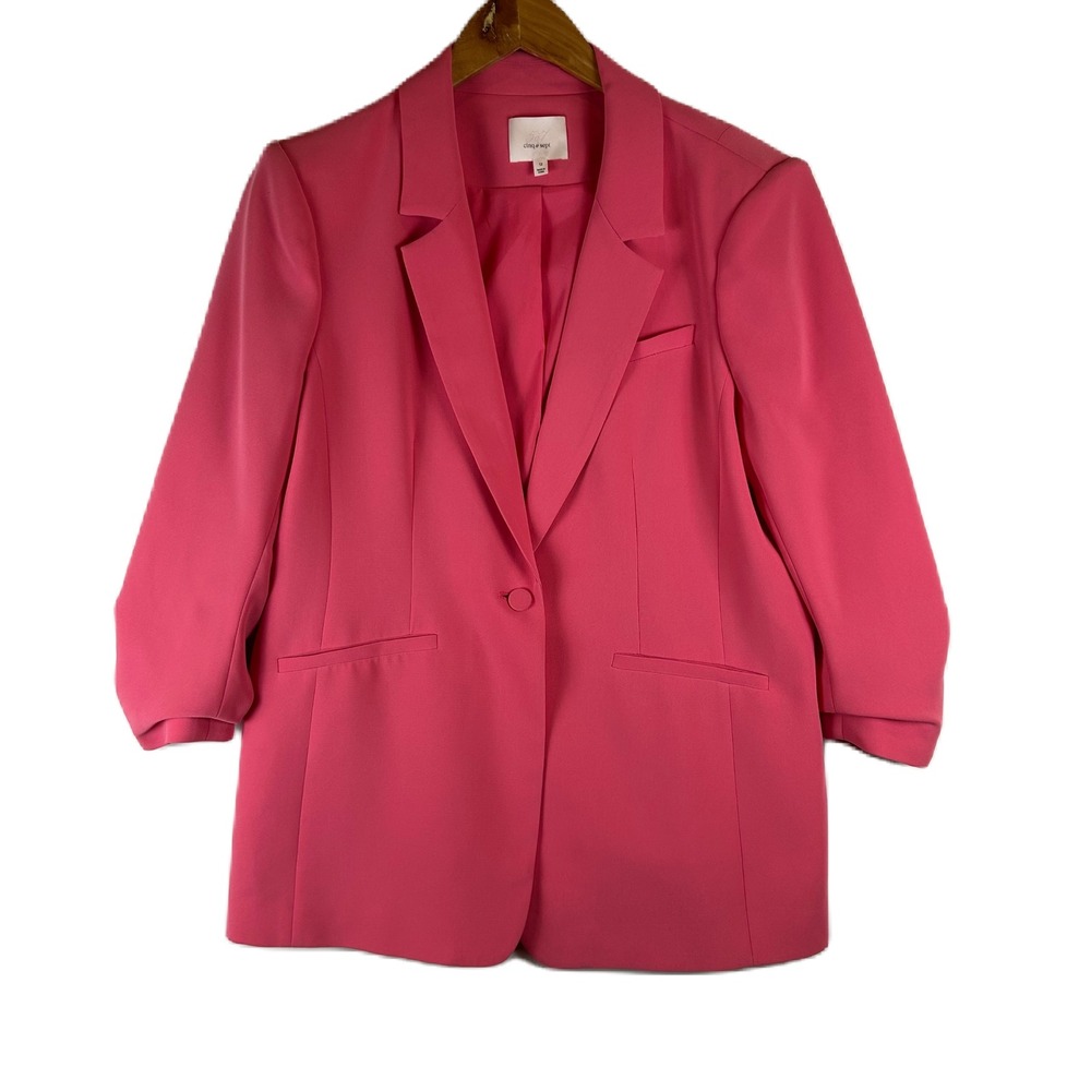 Cinq a Sept Khloe‎ Blazer Pink Ruched 3/4 Sleeve Single Button Jacket Size 12